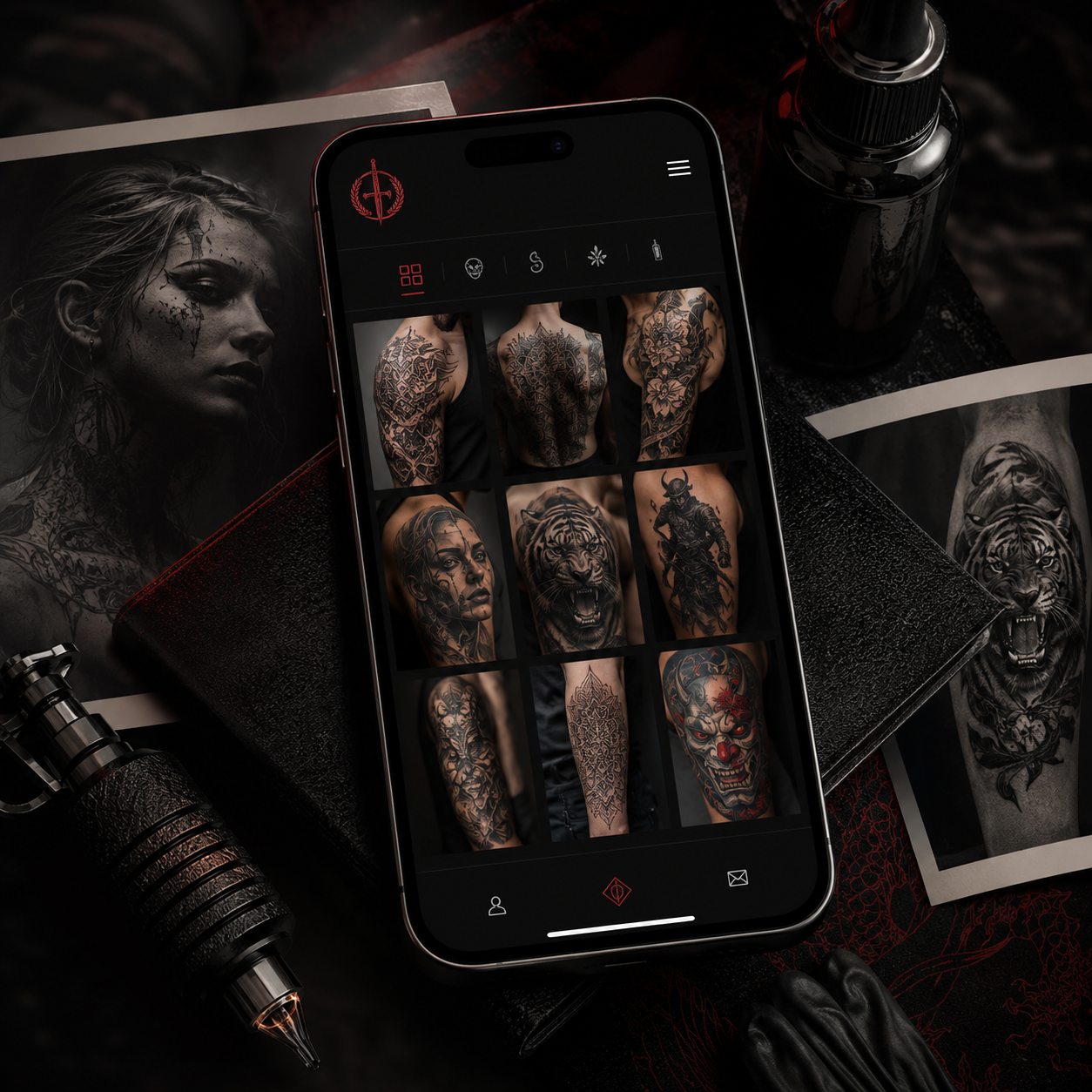 Mobile mockup showing a tattoo portfolio gallery