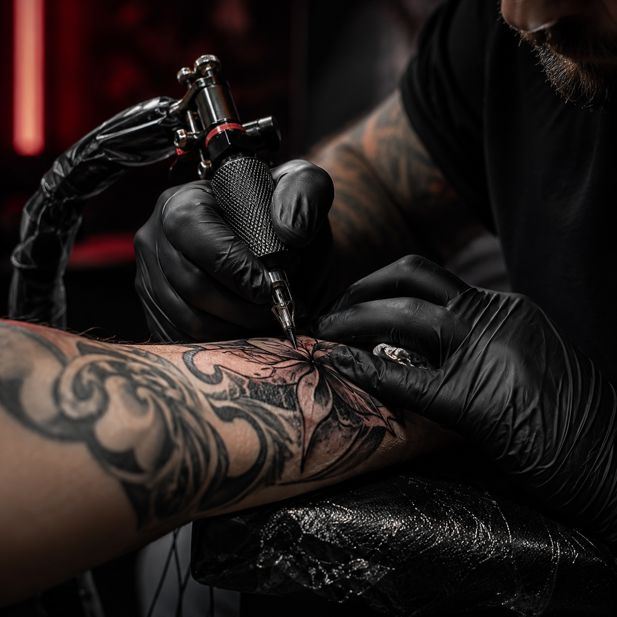 Tattoo request workflow visual with artist at work